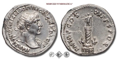 TRAIANO, DENARIO SUBERATO, 114-117 d.C., P M TR P COS VI P P S P Q R colonna di Traiano sormontata dalla statua dell'imperatore, Zecca di Roma, ARGENTO, SPL, (RR), (RIC 356 var.) / monete romane imperiali antiche rare d'argento (moneta romana imperiale antica rara degli imperatori adottivi - Impero Romano) | Moruzzi Numismatica