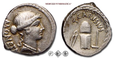 GENS CARISIA, T. Carisius, DENARIO, 46 a.C., testa di Giunone Moneta; dietro: MONETA / T•CARISIVS arnesi per battere moneta, Zecca di Roma, ARGENTO, mBB, (Crawford 464/2) / monete romane repubblicane antiche d'argento (moneta antica della Repubblica Romana) | Moruzzi Numismatica
