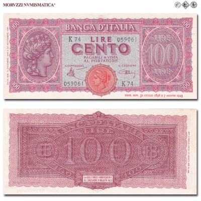 Italia, Luogotenenza, BANCA D'ITALIA, LIRE 100, Italia turrita, 10.12.1944, Firme: Introna, Urbini, FDS, (Crapanzano 260A) / banconote italiane (cartamoneta italiana da collezione - banconota da cento lire) | Moruzzi Numismatica