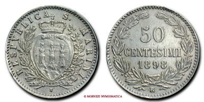 Repubblica di San Marino, VECCHIA MONETAZIONE, CENTESIMI 50, 1898, Zecca di Roma, ARGENTO, qBB, (Pagani 369) / monete mondiali europee d'argento (moneta mondiale europea da collezione - WORLD SILVER COINS) | Moruzzi Numismatica