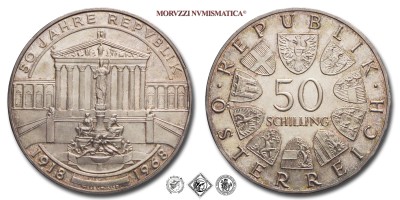 Austria, REPUBBLICA, SCELLINI 50, 50° anniversario della Repubblica, 1968, Zecca di Vienna (Münze Österreich), ARGENTO, ​​​​​​​FDC, (KM 2904.1) / Silbermünzen aus dem Republik Österreich FÜNFZIG SCHILLING 50. Jahrestag der Republik Münze Österreich Wien (World SILVER coins - monete mondiali europee commemorative austriache d'argento - moneta mondiale europea commemorativa austriaca) | Moruzzi Numismatica