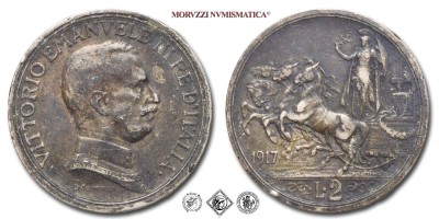 Regno d'Italia, VITTORIO EMANUELE III, LIRE 2, Quadriga briosa, 1917, Zecca di Roma, ARGENTO, MB, (R), (Pagani 740) / monete italiane moderne rare d'argento (moneta italiana moderna rara da collezione - Casa Savoia) | Moruzzi Numismatica