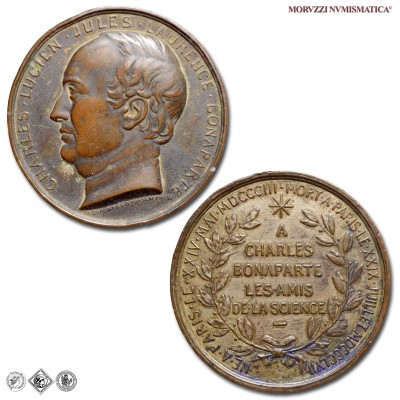 Francia, CARLO LUCIANO BONAPARTE, MEDAGLIA IN BRONZO, 1857, Opus A. Dumont, H. Ponscarme, BB / France CHARLES LUCIEN JULES LAURENCE BONAPARTE Médailles de BRONZE pour A CHARLES BONAPARTE LES AMIS DE LA SCIENCE (medaglie mondiali europee francesi da collezione) | Moruzzi Numismatica