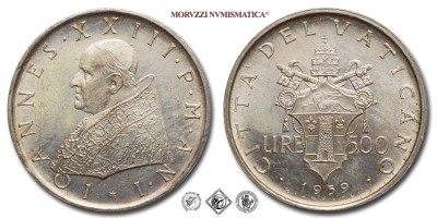 Città del Vaticano, GIOVANNI XXIII, Roncalli, LIRE 500, 1959 AN I, Zecca di Roma, ARGENTO, FDC, (Pagani 851) / monete papali pontificie vaticane d'argento (moneta papale pontificia vaticana da collezione) | Moruzzi Numismatica