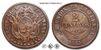 Bolivia, REPUBBLICA, CENTAVOS 2, 1883, RAME, MB, (KM 168) / monedas de cobre de la REPUBLICA BOLIVIANA (World COPPER coins - monete mondiali boliviane - moneta mondiale da collezione) | Moruzzi Numismatica