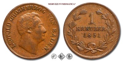 Stati Tedeschi, Baden, LEOPOLD GROSHERZOG, KREUZER, 1851, RAME, MB, (KM 218.2) / Münzen aus dem LEOPOLD GROSHERZOG VON BADEN (World COPPER coins - monete mondiali europee tedesche - moneta mondiale europea tedesca da collezione) | Moruzzi Numismatica