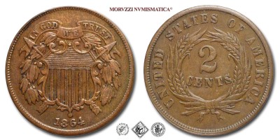 Stati Uniti d'America, CENTESIMI 2, Union Shield, 1864, Zecca di Philadelphia, RAME, mBB, (KM 94) / USA - United States of America TWO CENTS copper coins (monete mondiali americane da collezione - moneta mondiale americana) | Moruzzi Numismatica