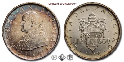 Città del Vaticano, GIOVANNI XXIII, Roncalli, LIRE 500, 1959 AN I, Zecca di Roma, ARGENTO, SPL, (Pagani 851) / monete papali pontificie vaticane d'argento (moneta papale pontificia vaticana da collezione) | Moruzzi Numismatica