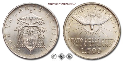 Città del Vaticano, SEDE VACANTE 1963, LIRE 500, Card. Aloisi Masella, Zecca di Roma, ARGENTO, FDC, (Pagani 980) / monete papali pontificie vaticane d'argento (moneta papale pontificia vaticana delle Sedi Vacanti) | Moruzzi Numismatica