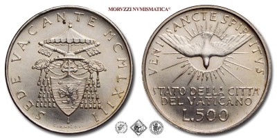 Città del Vaticano, SEDE VACANTE 1963, LIRE 500, Card. Aloisi Masella, Zecca di Roma, ARGENTO, FDC, (Pagani 980) / monete papali pontificie vaticane d'argento (moneta papale pontificia vaticana delle Sedi Vacanti) | Moruzzi Numismatica