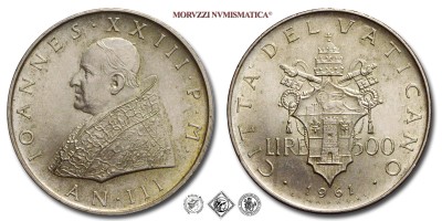 Città del Vaticano, GIOVANNI XXIII, Roncalli, LIRE 500, 1961 AN III, Zecca di Roma, ARGENTO, q​​​​​​​FDC, (Pagani 853) / monete papali pontificie vaticane d'argento (moneta papale pontificia vaticana da collezione) | Moruzzi Numismatica