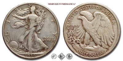 Stati Uniti d'America, USA, DOLLARO 1/2, Walking Liberty, 1936, Zecca di Philadelphia, ARGENTO, qBB, (KM 142) USA - United States of America Silver Half Dollar COINS (monete mondiali moderne da collezione - mezzi dollari americani - moneta d'argento) | Moruzzi Numismatica