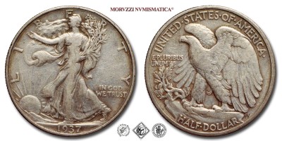 Stati Uniti d'America, USA, DOLLARO 1/2, Walking Liberty, 1937, Zecca di Philadelphia, ARGENTO, MB, (KM 142) USA - United States of America Silver Half Dollar COINS (monete mondiali moderne da collezione - mezzi dollari americani - moneta d'argento) | Moruzzi Numismatica
