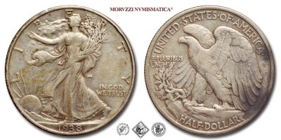 Stati Uniti d'America, USA, DOLLARO 1/2, Walking Liberty, 1938, Zecca di Philadelphia, ARGENTO, qBB, (KM 142) USA - United States of America Silver Half Dollar COINS (monete mondiali moderne da collezione - mezzi dollari americani - moneta d'argento) | Moruzzi Numismatica