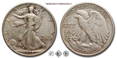 Stati Uniti d'America, USA, DOLLARO 1/2, Walking Liberty, 1938, Zecca di Philadelphia, ARGENTO, MB, (KM 142) USA - United States of America Silver Half Dollar COINS (monete mondiali moderne da collezione - mezzi dollari americani - moneta d'argento) | Moruzzi Numismatica