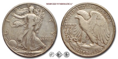 Stati Uniti d'America, USA, DOLLARO 1/2, Walking Liberty, 1938, Zecca di Philadelphia, ARGENTO, MB, (KM 142) USA - United States of America Silver Half Dollar COINS (monete mondiali moderne da collezione - mezzi dollari americani - moneta d'argento) | Moruzzi Numismatica