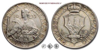 Repubblica di San Marino, VECCHIA MONETAZIONE, LIRE 10, 1933, Zecca di Roma, ARGENTO, mBB, (Pagani 352) / monete mondiali europee moderne d'argento (WORLD SILVER COINS - moneta mondiale europea moderna da collezione) | Moruzzi Numismatica