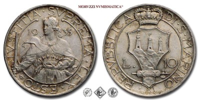 Repubblica di San Marino, VECCHIA MONETAZIONE, LIRE 10, 1935, Zecca di Roma, ARGENTO, mBB, (Pagani 353) / monete mondiali europee moderne d'argento (WORLD SILVER COINS - moneta mondiale europea moderna da collezione) | Moruzzi Numismatica