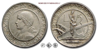 Repubblica di San Marino, VECCHIA MONETAZIONE, LIRE 5, 1932, Zecca di Roma, ARGENTO, SPL, (Pagani 359) / monete mondiali europee moderne d'argento (WORLD SILVER COINS - moneta mondiale europea moderna da collezione) | Moruzzi Numismatica