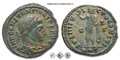 COSTANTINO I, PICCOLO BRONZO, 314 d.C., SOLI INVICTO COMITI / R F / R * S il Sole radiato solleva la destra e tiene un globo nella sinistra, Zecca di Roma, qSPL, (RIC 19) / monete romane imperiali antiche (moneta romana imperiale antica - Impero Romano) | Moruzzi Numismatica