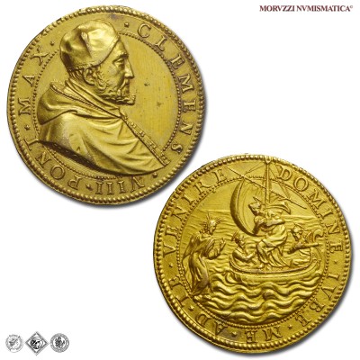 Stato Pontificio, CLEMENTE VIII, Aldobrandini, MEDAGLIA IN BRONZO DORATO, Elezione al Pontificato, 1592, Opus Niccolò De Bonis, SPL, (RRR), (Modesti CNORP IV 946) / medaglie papali pontificie rare da collezione | Moruzzi Numismatica