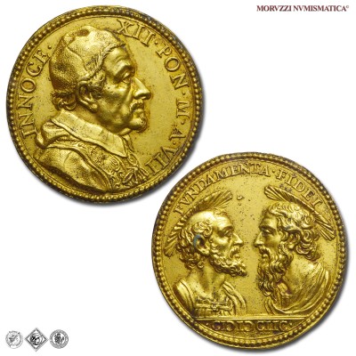 Stato Pontificio, INNOCENZO XII, Pignatelli, MEDAGLIA ANNUALE IN BRONZO DORATO, SS. Apostoli Pietro e Paolo, 1698 A VII, Opus Giovanni Hamerani, mSPL, (R), (Bartolotti E698) / medaglie papali pontificie annuali rare da collezione | Moruzzi Numismatica