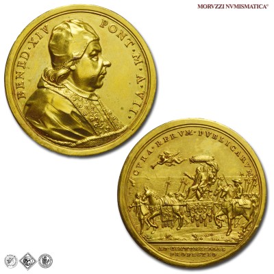 Stato Pontificio, BENEDETTO XIV, Lambertini, MEDAGLIA ANNUALE IN BRONZO DORATO, Visita a Civitavecchia, 1740 A. VII, Opus Ottone Hamerani, mSPL, (RR), (Bartolotti E747) / medaglie papali pontificie annuali rare | Moruzzi Numismatica