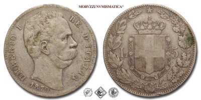 Regno d'Italia, UMBERTO I, LIRE 5 (SCUDO), 1879, Zecca di Roma, ARGENTO, MB, (Pagani 590) / monete italiane moderne (moneta italiana moderna - scudi d'argento da collezione - Casa Savoia) | Moruzzi Numismatica