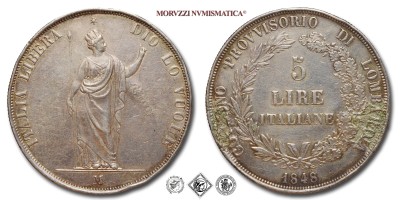 Milano, GOVERNO PROVVISORIO DI LOMBARDIA, 5 LIRE ITALIANE, 1848, ITALIA LIBERA DIO LO VUOLE, Zecca di Milano, ARGENTO, qBB, (Pagani 213) / monete italiane preunitarie milanesi moderne d'argento (moneta italiana milanese da collezione) | Moruzzi Numismatica