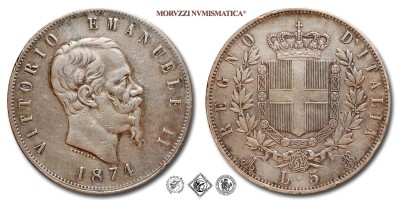 Regno d'Italia, VITTORIO EMANUELE II, LIRE 5 (SCUDO), 1874 M, Zecca di Milano, ARGENTO, BB, (Pagani 498) / monete italiane moderne (moneta italia moderna d'argento - scudi da collezione - Casa Savoia) | Moruzzi Numismatica