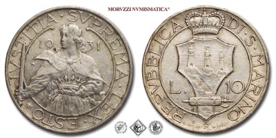 Repubblica di San Marino, VECCHIA MONETAZIONE, LIRE 10, 1931, Zecca di Roma, ARGENTO, qSPL, (Pagani 350) / monete mondiali europee moderne d'argento (WORLD SILVER COINS - moneta mondiale europea moderna da collezione) | Moruzzi Numismatica