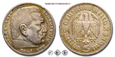 Germania, TERZO REICH, MARCHI 5, 1936 J, Paul von Hindenburg, Zecca di Amburgo, ARGENTO, mBB, (KM 94) / Deutsches Reich 5 Reichsmark 1938 A Berlin SILBER (SILVER COINS - monete tedesche d'argento) - German Reich (Germany - Third Reich) | Moruzzi Numismatica