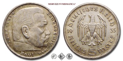 Germania, TERZO REICH, MARCHI 5, Paul von Hindenburg, 1935 A, Zecca di Berlino, ARGENTO, mBB, (Jaeger 360) / Silbermünzen aus dem Deutsches Reich REICHSMARK 5 Berlin (monete mondiali europee tedesche moderne d'argento - moneta mondiale europea tedesca moderna da collezione) | Moruzzi Numismatica