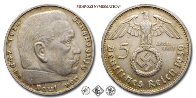 Germania, TERZO REICH, MARCHI 5, Paul von Hindenburg, 1939 D, Zecca di Monaco, ARGENTO, mBB, (Jaeger 367) / Silbermünzen aus dem Deutsches Reich REICHSMARK 5 München (monete mondiali europee tedesche moderne d'argento - moneta mondiale europea tedesca moderna da collezione) | Moruzzi Numismatica