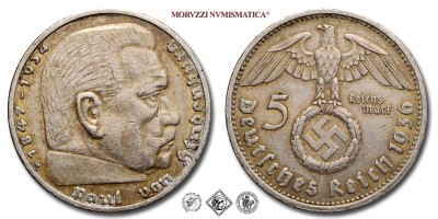 Germania, TERZO REICH, MARCHI 5, Paul von Hindenburg, 1936 G, Zecca di Karlsruhe, ARGENTO, BB, (Jaeger 367) / Silbermünzen aus dem Deutsches Reich REICHSMARK 5 (monete mondiali europee tedesche moderne d'argento - moneta mondiale europea tedesca moderna da collezione) | Moruzzi Numismatica