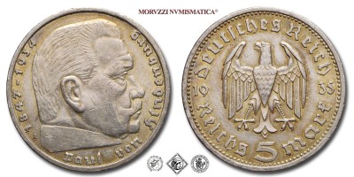 Germania, TERZO REICH, MARCHI 5, Paul von Hindenburg, 1935 A, Zecca di Berlino, ARGENTO, mBB, (Jaeger 360) / Silbermünzen aus dem Deutsches Reich REICHSMARK 5 Berlin (monete mondiali europee tedesche moderne d'argento - moneta mondiale europea tedesca moderna da collezione) | Moruzzi Numismatica