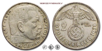 Germania, TERZO REICH, MARCHI 2, Paul von Hindenburg, 1938 A, Zecca di Berlino, ARGENTO, mBB, (Jaeger 366) / Deutsches Reich 2 Reichsmark 1937 A Berlin SILBER (SILVER COINS - monete tedesche d'argento) - German Reich (Germany - Third Reich) | Moruzzi Numismatica