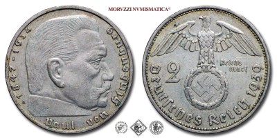 Germania, TERZO REICH, MARCHI 2, Paul von Hindenburg, 1939 A, Zecca di Berlino, ARGENTO, SPL, (Jaeger 366) / Deutsches Reich 2 Reichsmark 1937 A Berlin SILBER (SILVER COINS - monete tedesche d'argento) - German Reich (Germany - Third Reich) | Moruzzi Numismatica