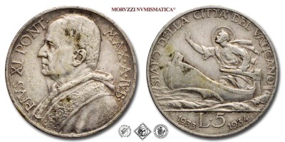 Città del Vaticano, PIO XI, Ratti, LIRE 5, 1933-1934, Zecca di Roma, ARGENTO, BB, (Pagani 636) / monete papali pontificie vaticane d'argento (moneta papale pontificia vaticana da collezione) | Moruzzi Numismatica