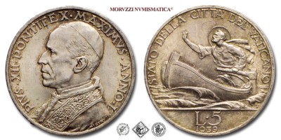 Città del Vaticano, PIO XII, Pacelli, LIRE 5, 1939 ANNO I, Zecca di Roma, ARGENTO, ​​​​​​​mSPL, (Pagani 754) / monete papali vaticane d'argento (moneta papale vaticana da collezione) | Moruzzi Numismatica
