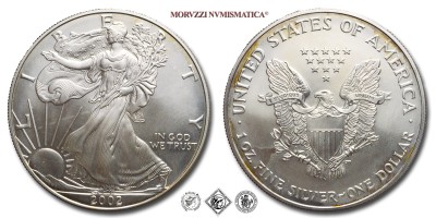 Stati Uniti, DOLLARO, American Eagle, 2002, Zecca di Philadelphia, ARGENTO, FDC, (KM 273) / USA - United States of America ONE DOLLAR (WORLD SILVER COINS - monete mondiali americane moderne - moneta mondiale americana moderna - dollari d'argento) | Moruzzi Numismatica