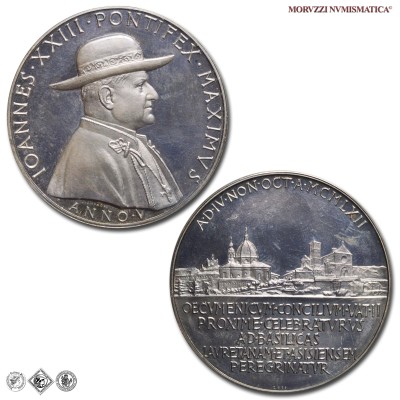 Città del Vaticano, GIOVANNI XXIII, Roncalli, MEDAGLIA STRAORDINARIA POSTUMA IN ARGENTO, Pellegrinaggio alle Basiliche di Assisi e Loreto, 1963 ANNO V, Opus Pietro Giampaoli, FDC, (Modesti 144) / medaglie papali pontificie straordinarie postume d'argento | Moruzzi Numismatica