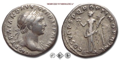 TRAIANO, DENARIO, 103-111 d.C., COS V P P SPQR OPTIMO PRINC la Vittoria con corona e ramo di palma, Zecca di Roma, ARGENTO, BB, (RIC 128) / monete romane imperiali antiche d'argento (moneta romana imperiale antica - Impero Romano) | Moruzzi Numismatica