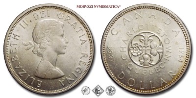 Canada, ELISABETTA II, DOLLARO, Charlottetown, 1964, Royal Canadian Mint of Ottawa, ARGENTO, ​​​​​q​​​​​​​FDC, (KM 58) / Queen Elizabeth II ONE SILVER DOLLAR 100th Anniversary of Charlottetown & Quebec Conferences (World coins - monete mondiali moderne d'argento da collezione - dollari canadesi) Dollar canadien | Moruzzi Numismatica