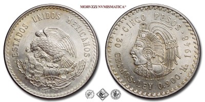 Messico, STATI UNITI, PESOS 5, 1948, Zecca di Città del Messico, ARGENTO, FDC, (KM 465) / ESTADOS UNIDOS MEXICANOS CINCO PESOS Cuauhtémoc monedas mexicanas de plata de la Casa de Moneda de México (World & Mexican SILVER coins - monete mondiali messicane d'argento - moneta mondiale messicana da collezione) | Moruzzi Numismatica