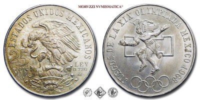 Stati Uniti Messicani, PESOS 25, Giochi Olimpici, 1968 Mo, Zecca di Città del Messico, ARGENTO, q​​​​​​​FDC, (KM 479.1) / monedas de plata de Mexico ESTADOS UNIDOS MEXICANOS 1968 Juegos de la XIX Olimpiada - Summer Olympics Mexico City World SILVER coins (monete mondiali messicane commemorative d'argento - moneta mondiale messicana commemorativa da collezione) | Moruzzi Numismatica