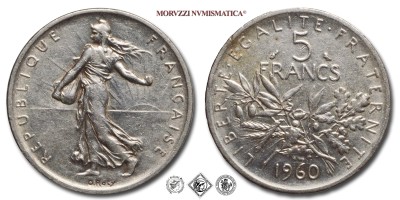 Francia, QUINTA REPUBBLICA, FRANCHI 5, Semeuse, 1960, Zecca di Parigi, ARGENTO, mBB, (Gadoury 770) / France Cinquième République 5 Francs Paris pièces de monnaies françaises (World SILVER coins - monete mondiali europee francesi d'argento - moneta mondiale europea francese da collezione) | Moruzzi Numismatica