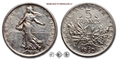Francia, QUINTA REPUBBLICA, FRANCHI 5, Semeuse, 1960, Zecca di Parigi, ARGENTO, BB, (Gadoury 770) / France Cinquième République 5 Francs Paris pièces de monnaies françaises (World SILVER coins - monete mondiali europee francesi d'argento - moneta mondiale europea francese da collezione) | Moruzzi Numismatica