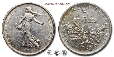 Francia, QUINTA REPUBBLICA, FRANCHI 5, Semeuse, 1962, Zecca di Parigi, ARGENTO, mBB, (Gadoury 770) / France Cinquième République 5 Francs Paris pièces de monnaies françaises (World SILVER coins - monete mondiali europee francesi d'argento - moneta mondiale europea francese da collezione) | Moruzzi Numismatica