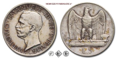 Regno d'Italia, VITTORIO EMANUELE III, LIRE 5, Aquilotto (Aquilino) - due rosette, 1929, Zecca di Roma, ARGENTO, BB, (Pagani 712a) / monete italiane moderne d'argento (moneta italiana moderna da collezione - Casa Savoia) | Moruzzi Numismatica